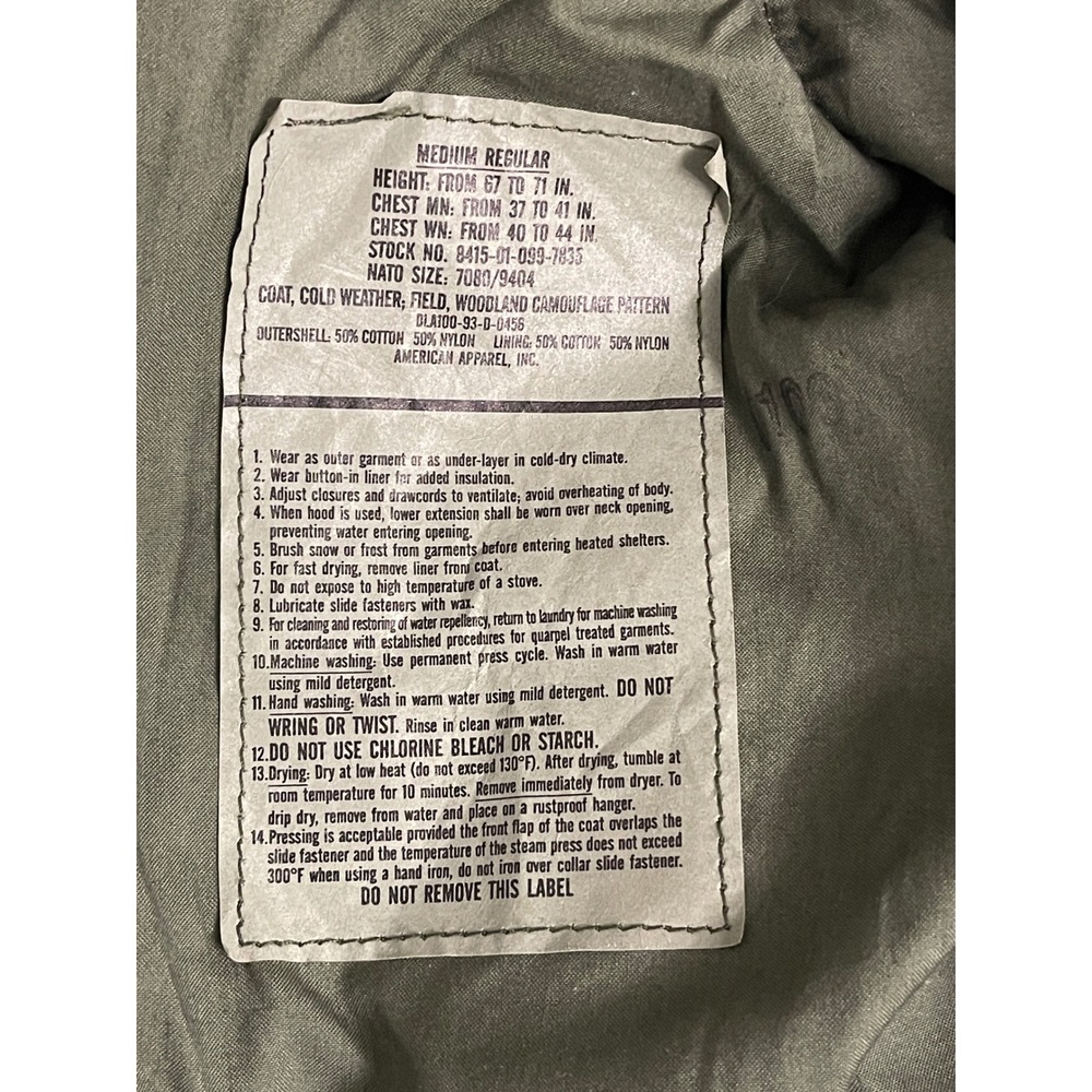 Vtg 1993 US Military M-65 Field Jacket Woodland Camo Medium Regular M65 Coat - Picture 11 of 11